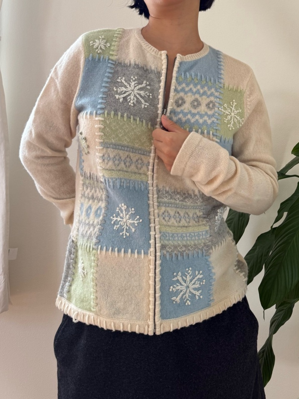 Vintage Charter Club 100% Lambswool Snowflake Full Zip Cream Cardigan Size M